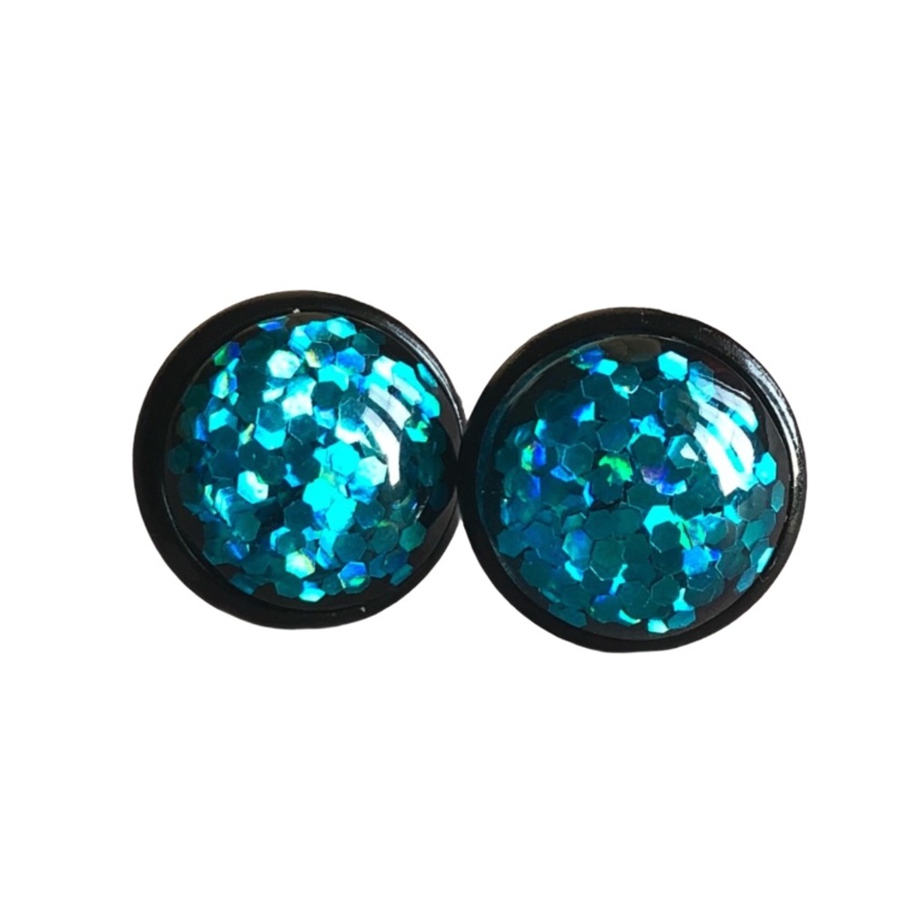 Turquoise Blue Glitter Bomb Black Post Earrings!